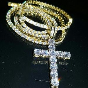 14K Gold Finish CZ Iced Out Tennis, Cross Pendant